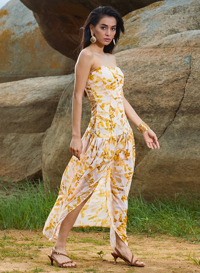 Pinacolada  Women's Mustard Yellow Blurry Bandeau Dress For Casual Wear | Off-Shoulder | Sleeveless | Pull On Closure | Dress Designed With Comfortable Fit For Woman & Girls for Women | Best Price UAE